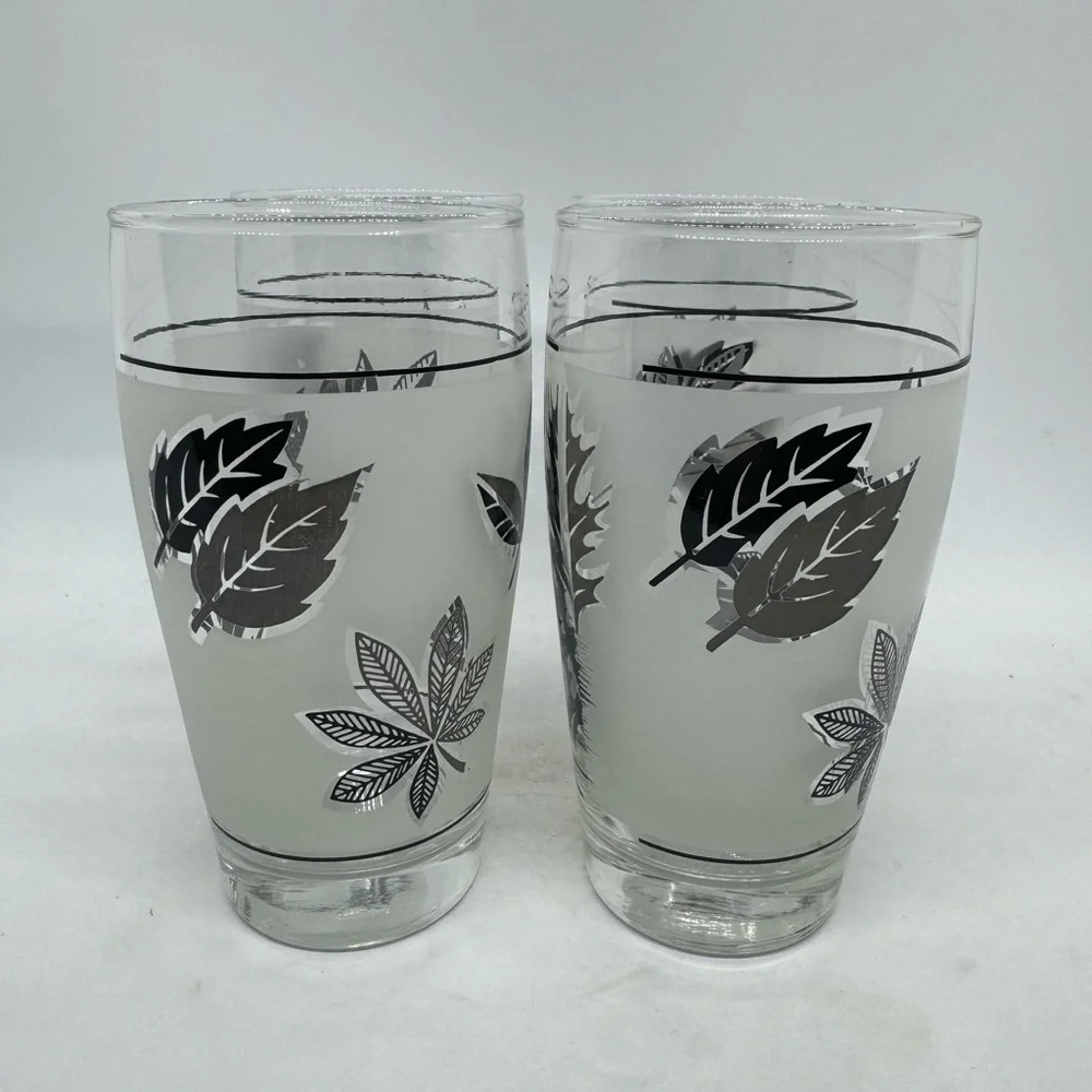 Vintage MCM Libbey Frosted Silver Leaf Glasses Set of 7